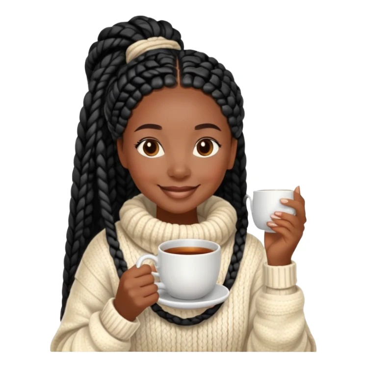 A dark-skinned Black woman with long black box braids, holding a steaming tea cup with both hands, wearing a cozy sweater, smiling. sticker