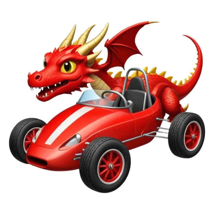 Special air-cooled three-cylinder race car whose frame and suspension is made of shopping cart material with a large gas tank, and rear spoiler, is being professionally steered/driven by a small dark-colored dragon  sticker