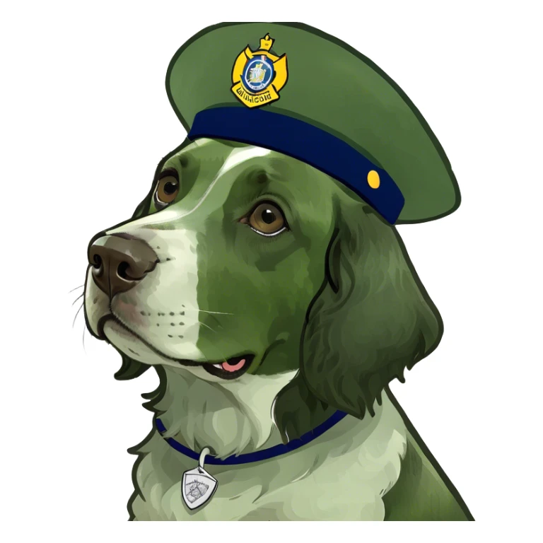 Black and white springer spaniel dog with a st patrol ccs day hat sticker