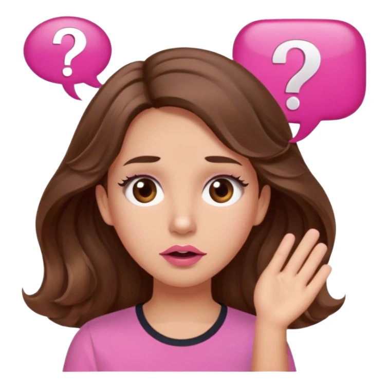 girl with long wavy brown hair, brown eyes, light to medium complexion, in a pink shirt, pink lips, long lashes, confused, question mark one speech bubble sticker