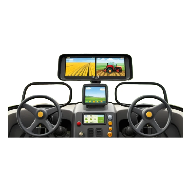 a view from the tractor cabin, with the dashboard in focus, overlooking a vibrant rural landscape. Inspired by Farming Simulator 22, the scene includes fields, crops, and distant barns under a bright sky. The design highlights the immersive experience of farm management. transparent background sticker