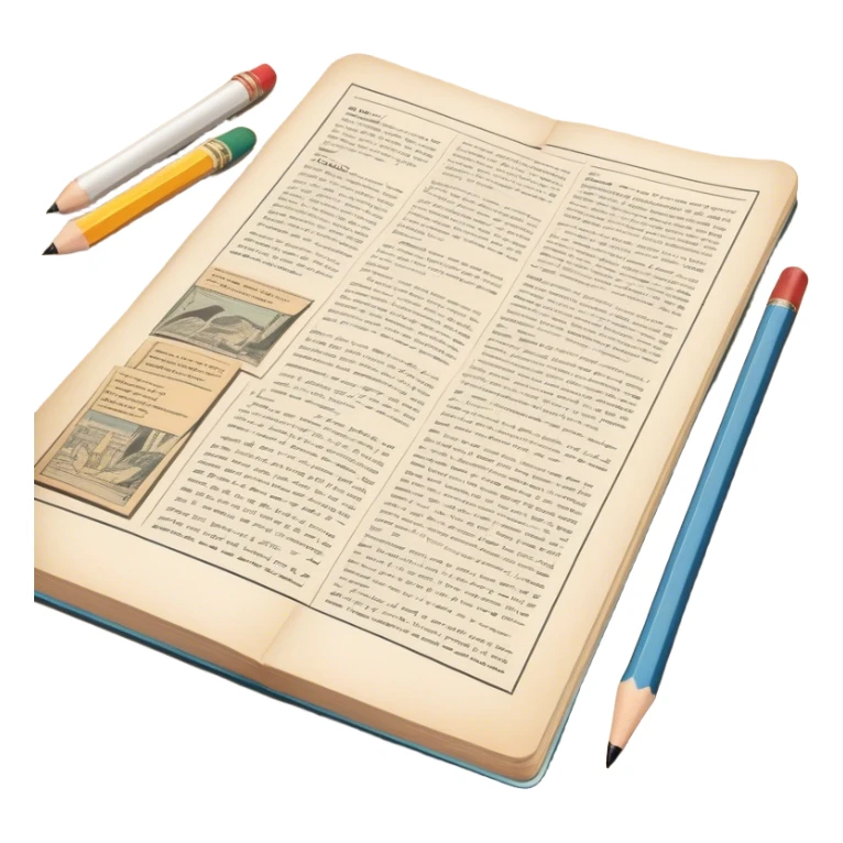 Create a detailed emoji representing the process of writing texts for comic books. The design should feature a large, open comic book with vintage comic strips visible on its pages. A pencil should be shown writing text on one of the comic panels, but without a hand. The pencil should appear as though it is actively creating the dialogue or narration. Use a classic color palette with muted tones for the comic book and brighter accents on the pencil to draw attention to the writing process. Do not include any emojis or smiley faces. Make the background transparent. sticker