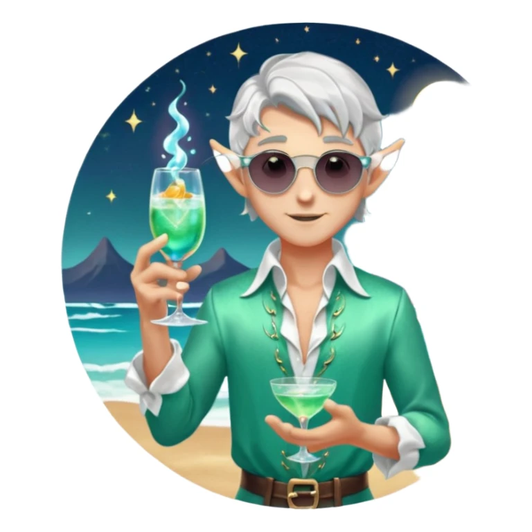 elf male bartender, flowing silver hair, pointy ears, unbuttoned iridescent silk shirt, summoning swirling glowing cocktail (teal and silver) in crystal flute with finger, moonlit beach backdrop, centered emoji, ethereal summer night, sticker style sticker