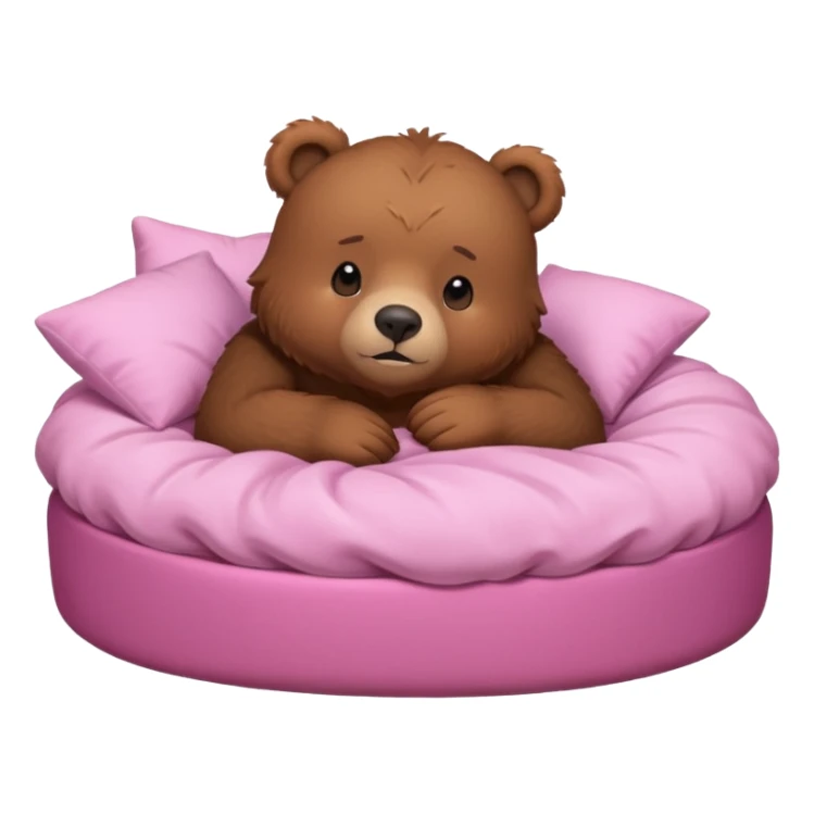 A cute brown bear in a pink bed, tucked in and looking forward, trying to fall asleep. sticker