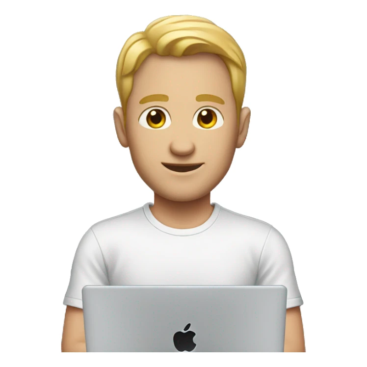 white man with MacBook blac shirt sticker