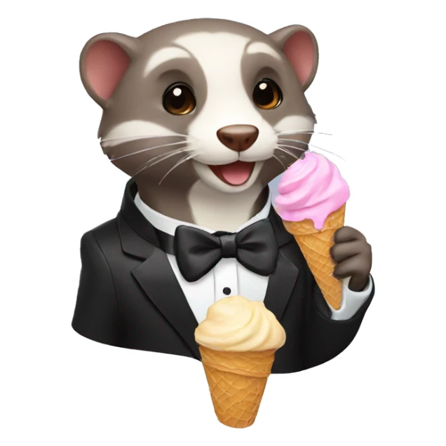 A ferret wearing a tuxedo eating chocolate ice cream sticker