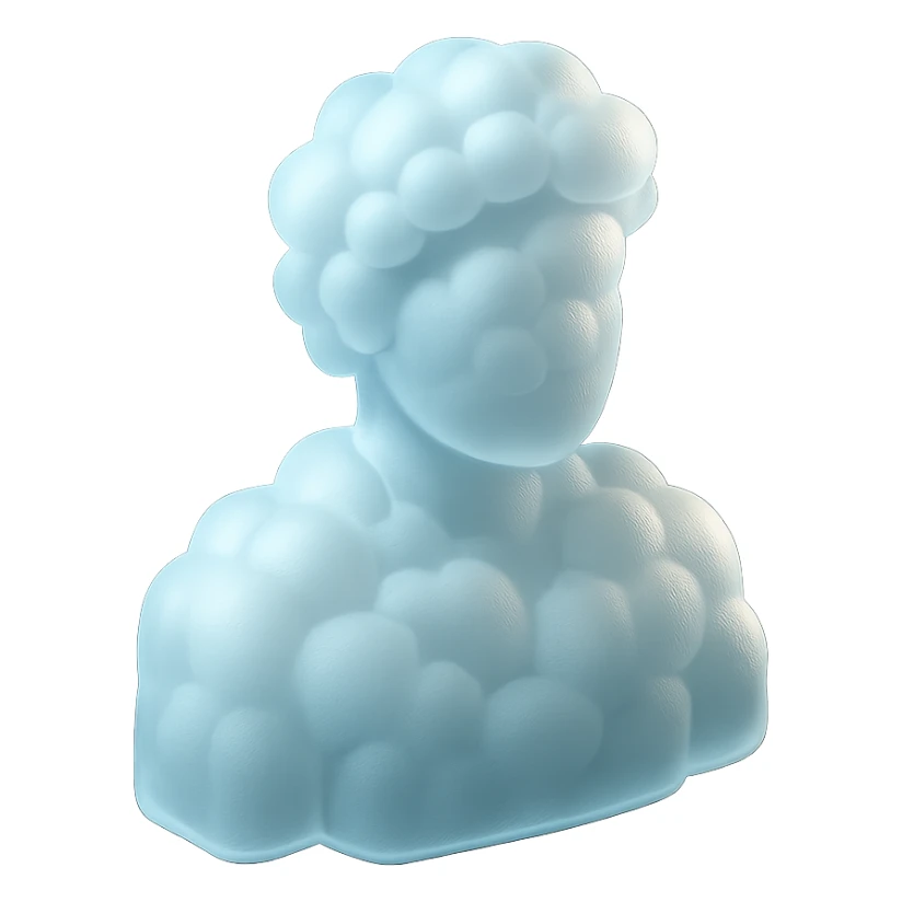 shoulder-up person made entirely of white fluffy clouds with convex texture, matte glass style sticker