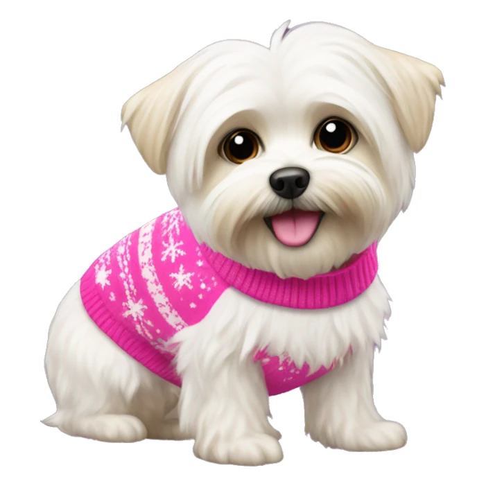 white morkie dog with pink christmas sweater sticker