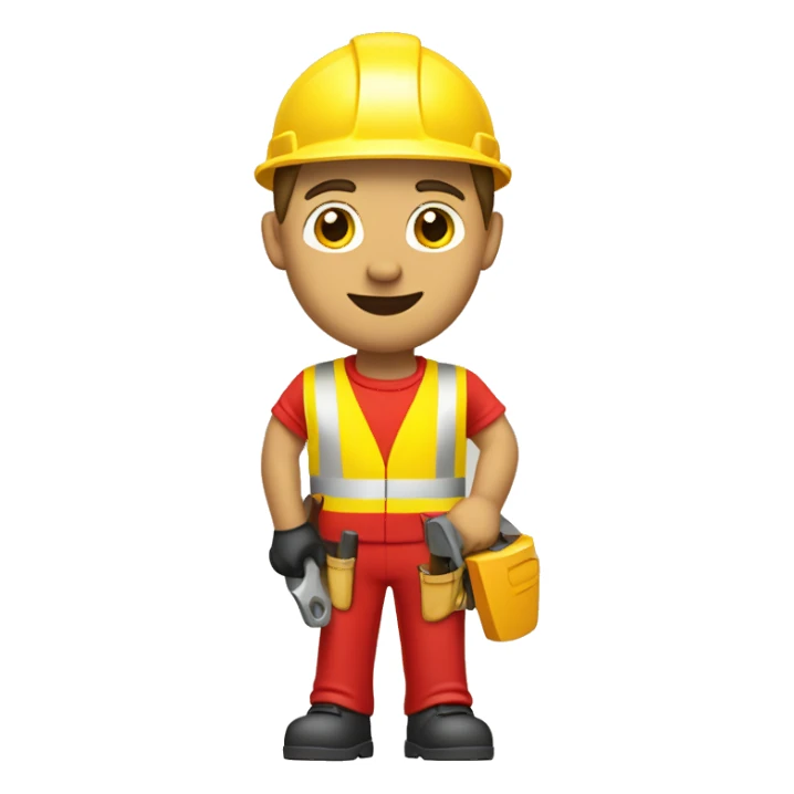 a caucasian construction worker from the chest up, looking frontal, wearing a red hard hat and yellow high-visibility vest, underneath he is wearing a red t-shirt, holding a hammer sticker