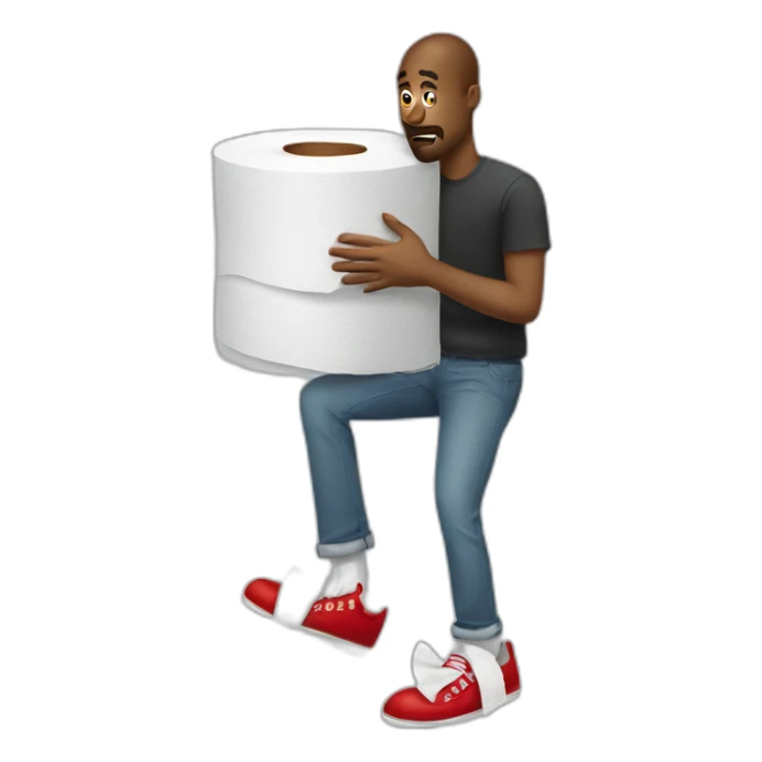 man with iPad and toilet tissue wearing red shoes sticker