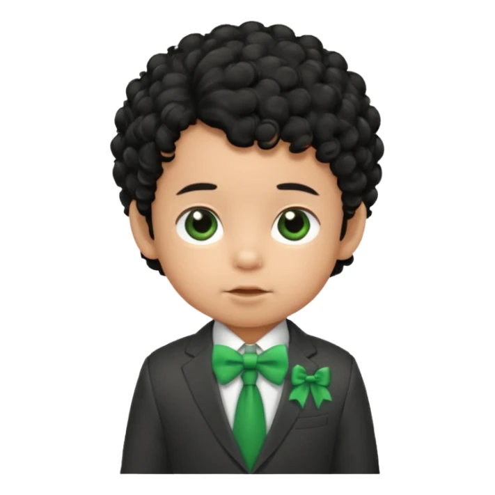 baby boy curly black hair in suit, with green bow sticker