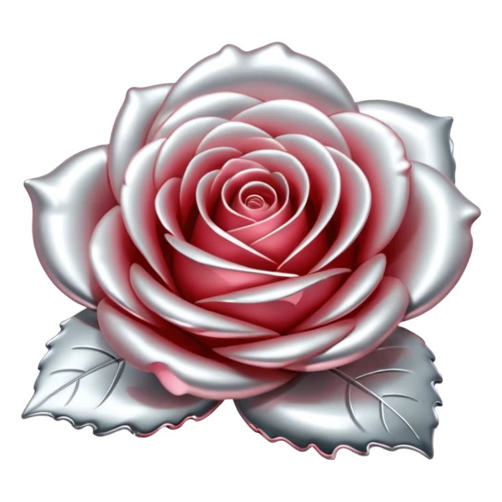 A rose emoji made of liquid silver metal, smooth metallic petals, reflective chrome surface, soft gradients, elegant shape, minimalistic iOS emoji style, centered, clean white background, realistic highlights, no text sticker