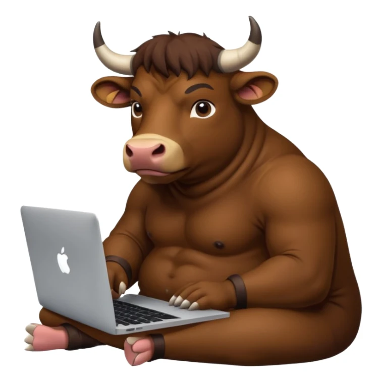 bull sitting in front of a macbook, working  sticker