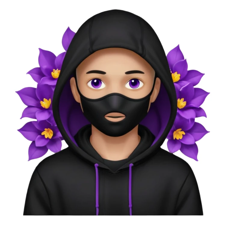 no visible face non human cartoon character related to a shadow, with all black clothes, focusing a black hoodie, and a versace face mask covering his entire face, just his purple shadow eyes making a light bloom sticker