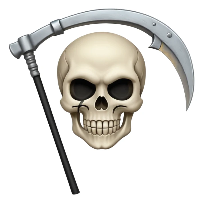 A laughing skull with a scythe crossed behind it, one eye socket winking. Clean, stylized lines, flat vector. Medieval woodcut style. Black and white with one accent color (tarnished silver). No background. sticker