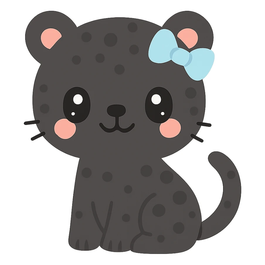 black panther with spots and a blue bow on its ear, kawaii style sticker