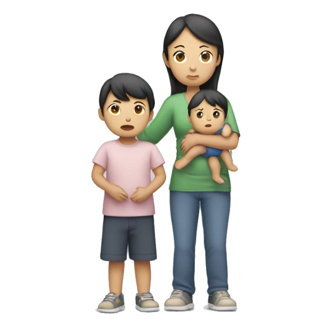 asian sad mum holding two kids, full body standing sticker