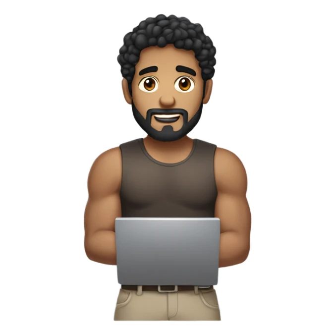 men holding his computer in hands. light brown skin men with curly black hair, dark brown eyes, little grown beard. little bit muscular. dressed casual. round face. sticker