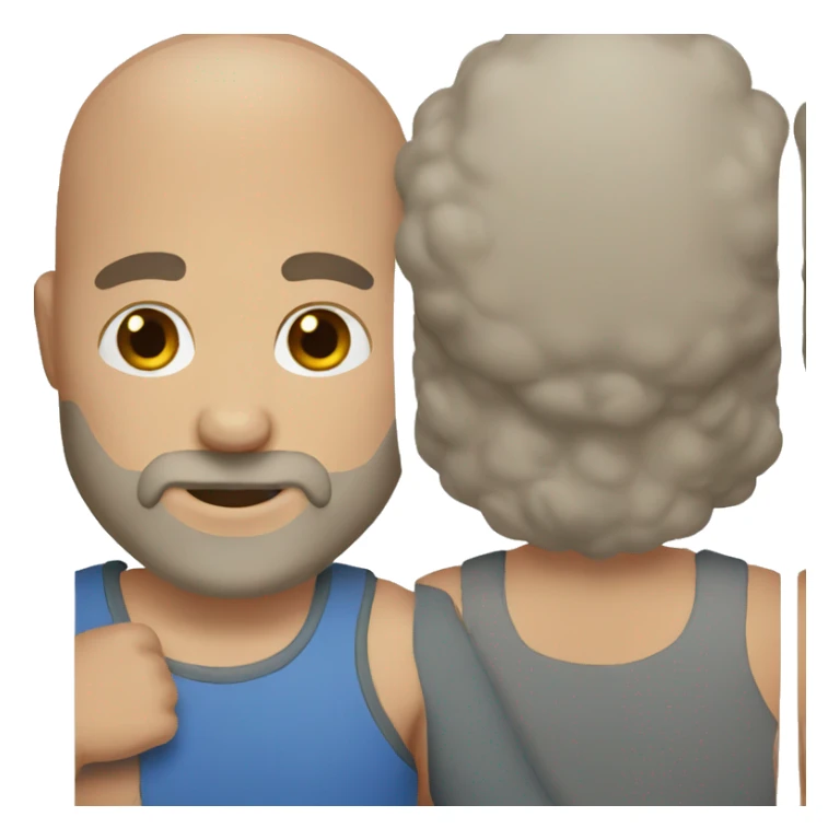 Man with a half bald head, brown curly hair and a beard sticker