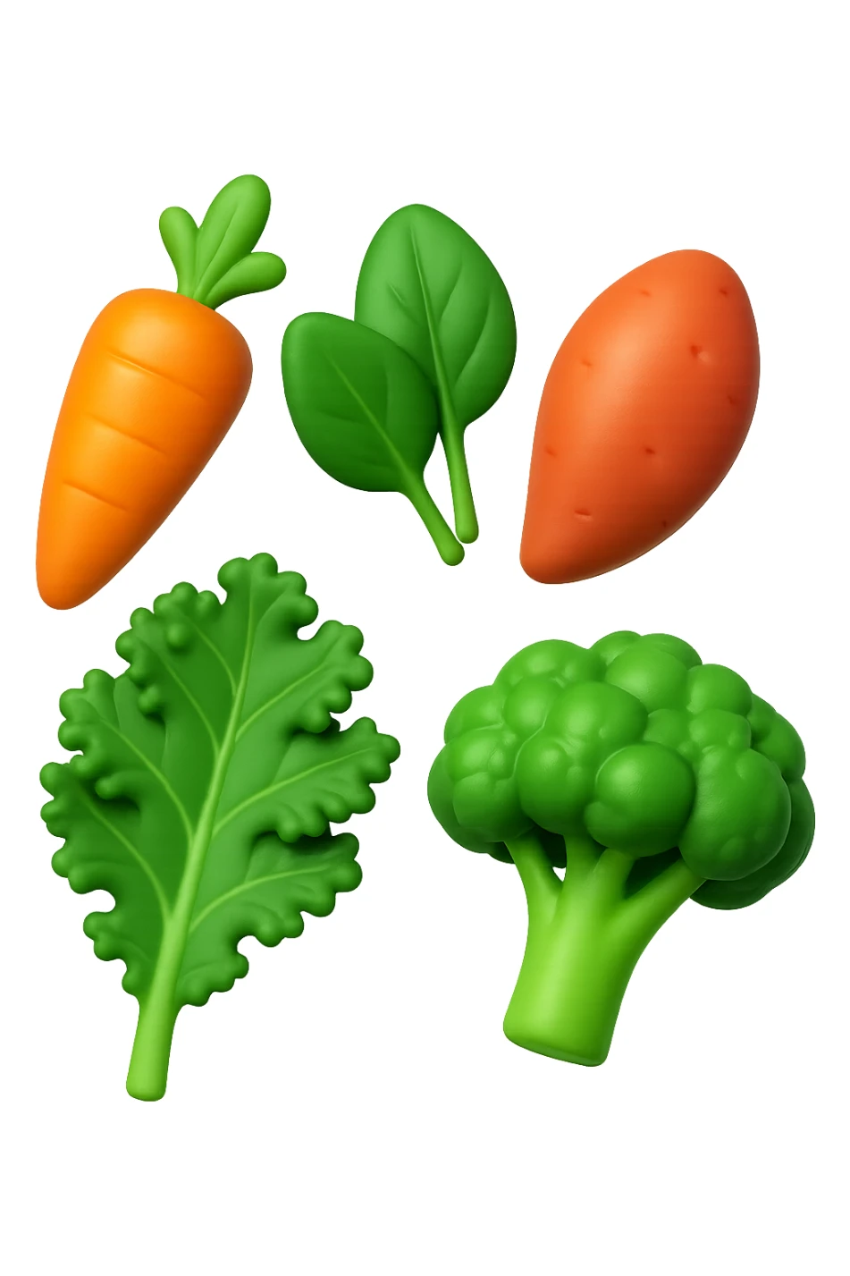 emoji 3d stile iphone di cinque cibi vegetali, vitamina A e glutammina che fluttuano in aria 3d sticker