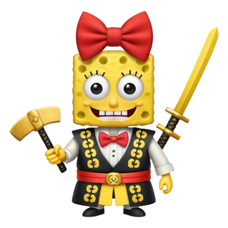 SpongeBob, wearing japan samurai custome, red bow tie sticker