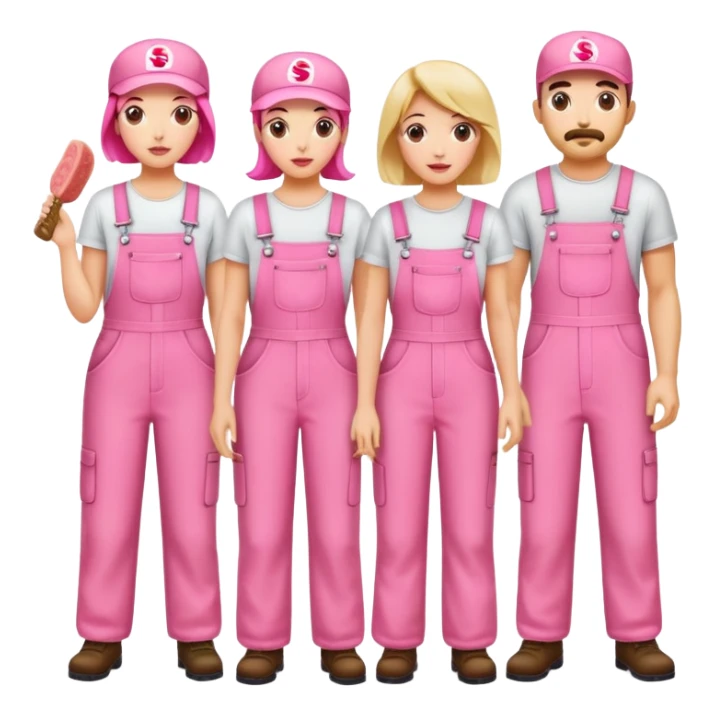 group of artists wearing pink overalls protesting for spam meat art sticker