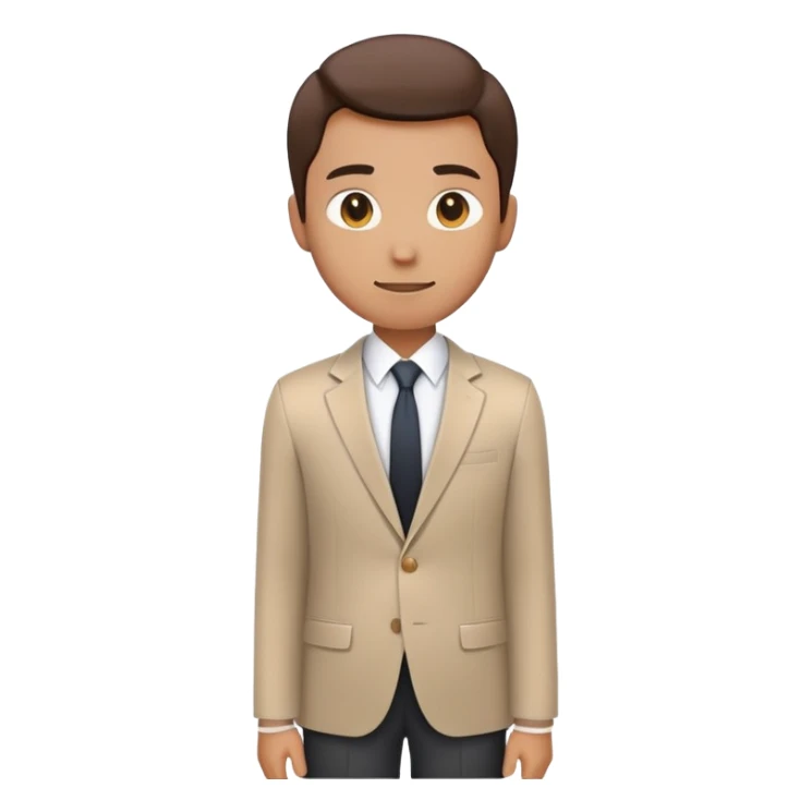 person seen from 3/4 rear angle, standing straight with professional posture, wearing formal office clothes like blazer or suit, arms relaxed by sides, clean minimal emoji design, smooth lines, simple color palette, white background sticker