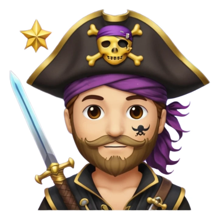 Um emoji com um pirata com uma máscara com cor de galáxia e uma estrela de galáxia e um espada cor galáxia sticker