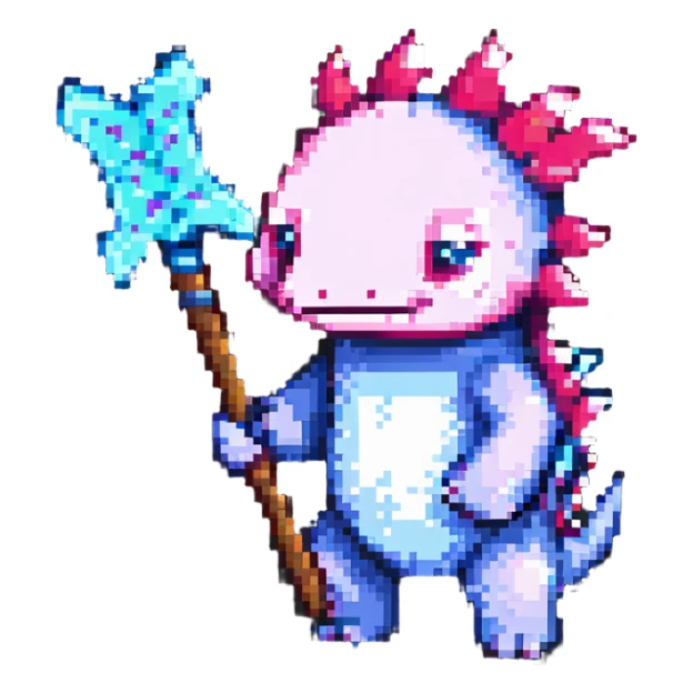 Minecraft axolotl holding a pickaxe, pixel art style, vibrant colors, blocky design sticker