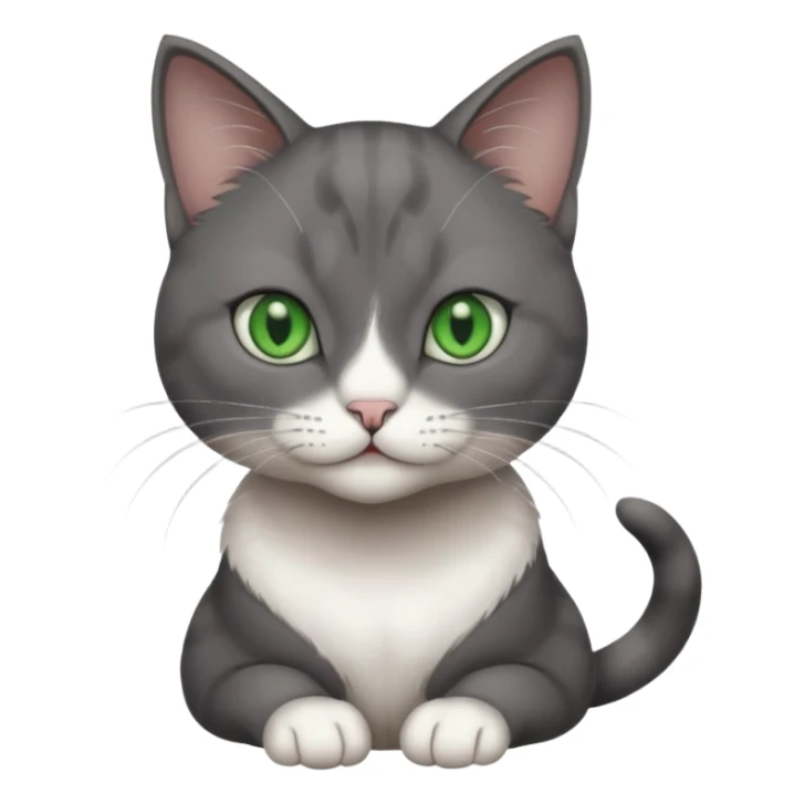 full body view of beautiful female solid dark grey cat with green eyes, grey face, white toes/paws and small white patch on her chest sticker