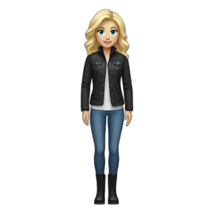 blond tall blue eye female designer with sports jacket and white turtle neck sweater black boots and blue jeans sticker