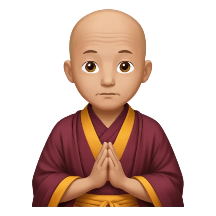 A old bald monk wearing traditional robes, calm expression, hands clasped, in a serene setting sticker