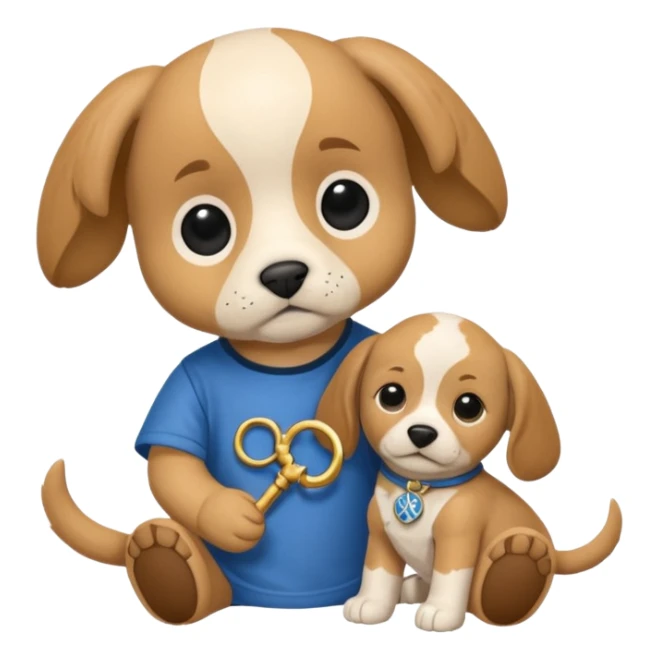 Puppy wearing a shirt with the zodiac symbol for Gemini. Puppy is chewing on a Harry Potter doll.  sticker