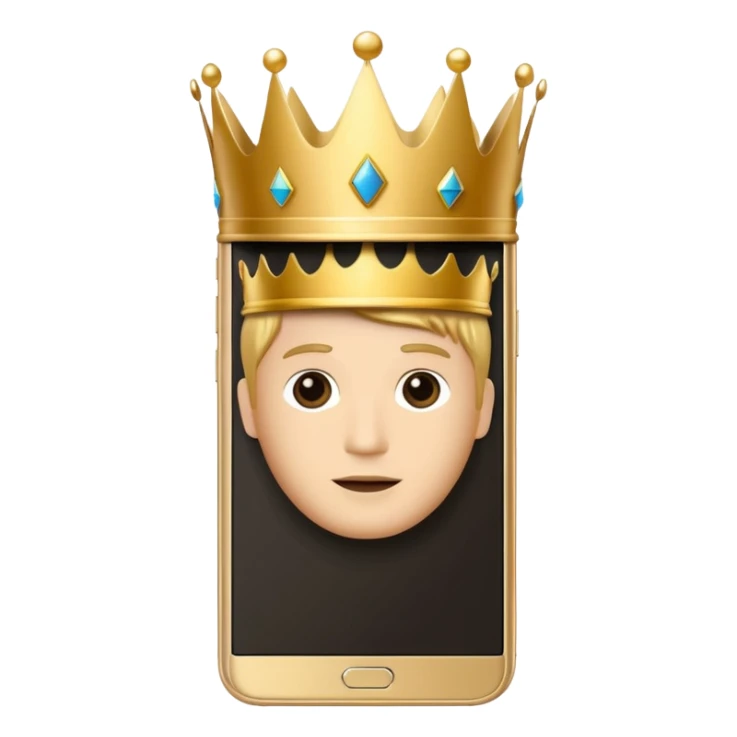 gold premium smart phone, king crown, apps on screen, no memoji sticker
