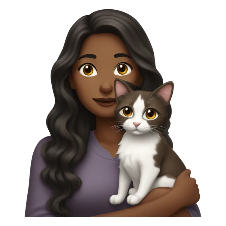 long wavy haired brown skin woman holding black and white cat sticker