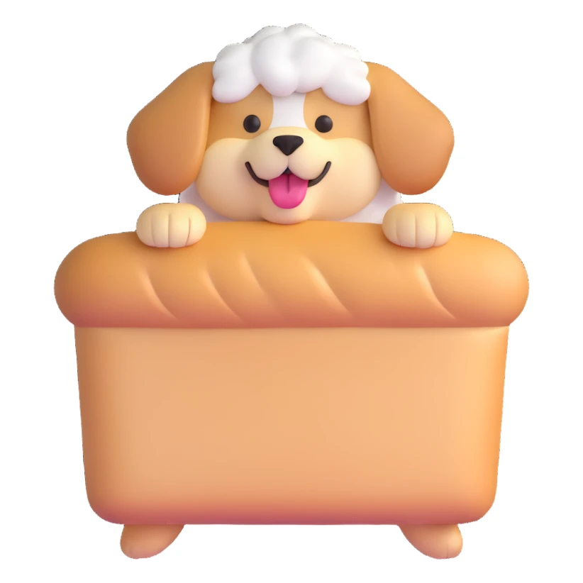 cute fluffy bread maker dog, peeking from bread loaf, cheerful, warm beige, full-body sticker