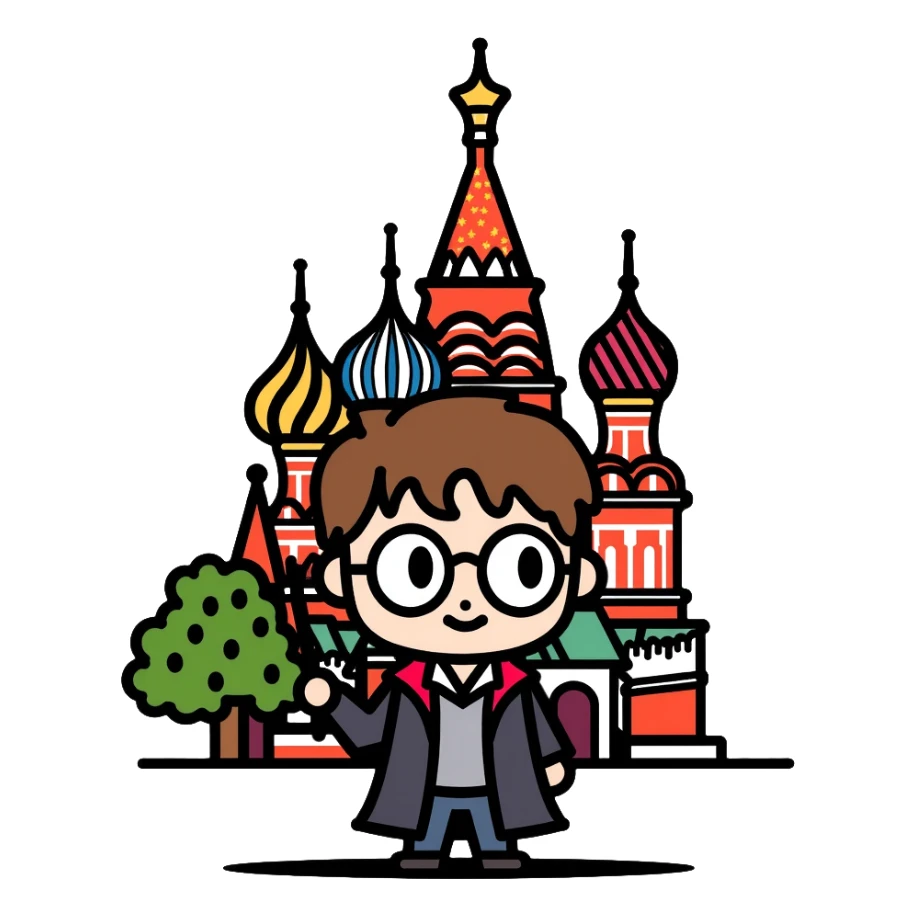 Harry Potter with glasses, lightning scar, and wand standing in front of St. Basil's Cathedral in Russia sticker