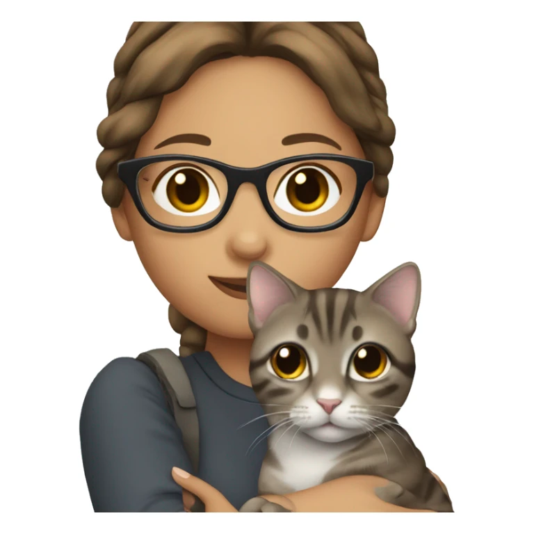 girl brown hair with glasses holding a grey tabby cat sticker