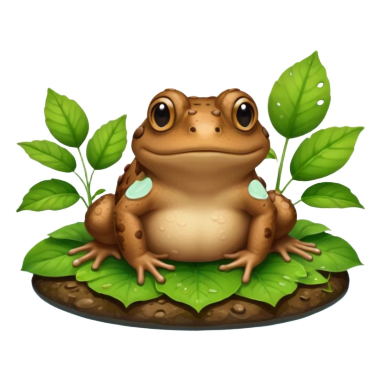 A brown toad sitting on wet ground near a pond, rough bumpy skin, natural light, green leaves around, realistic wildlife photo. sticker