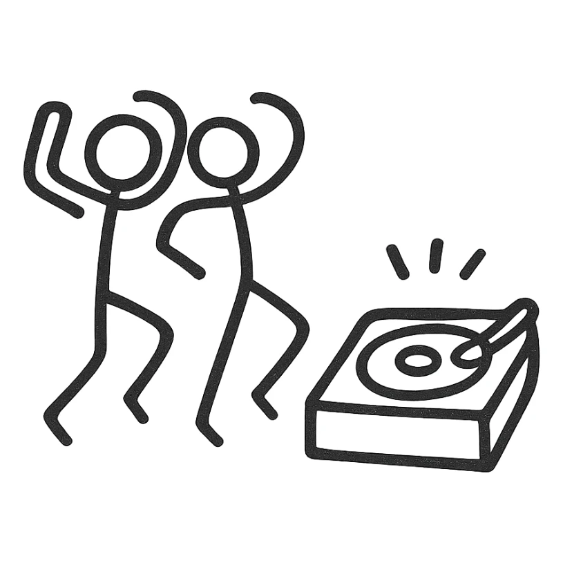 Two minimalist stick figures dancing near a record player, like a warning sign, black and white sticker