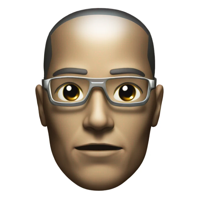 Male cyborg head with metallic plated face, brown flat top, glasses and circuits sticker