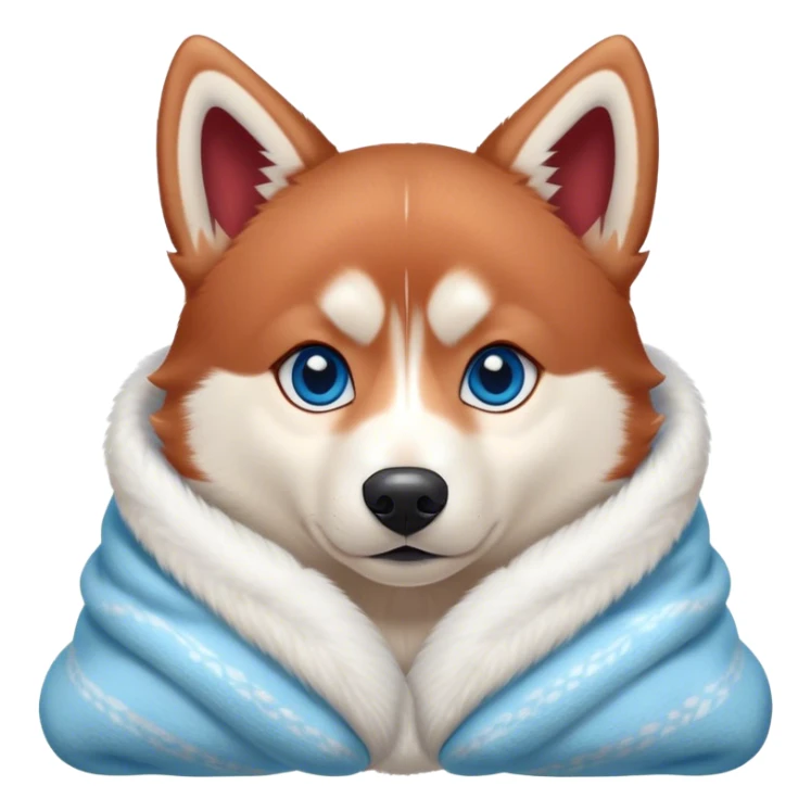 cute, disney-style, red siberian husky with blue eyes cozy in a blanket sticker