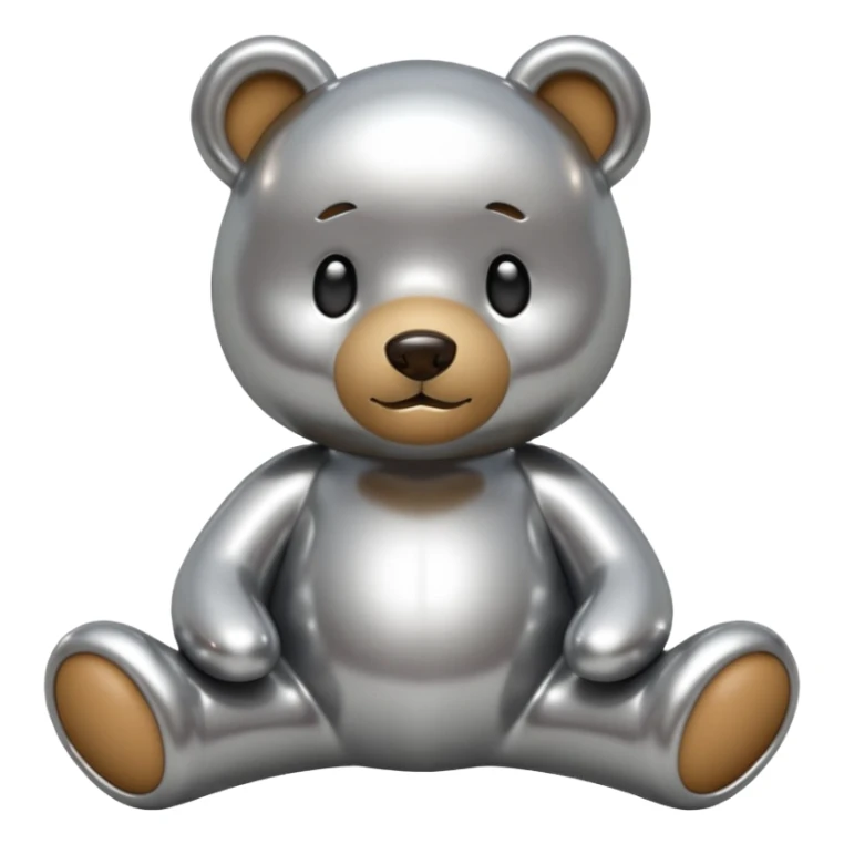 A cute teddy bear emoji made of liquid silver chrome, smooth rounded body, glossy metallic surface, soft reflections, friendly proportions, iOS emoji style, centered, clean white background sticker
