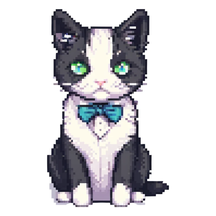 a black and white tuxedo cat, pixel art style sticker