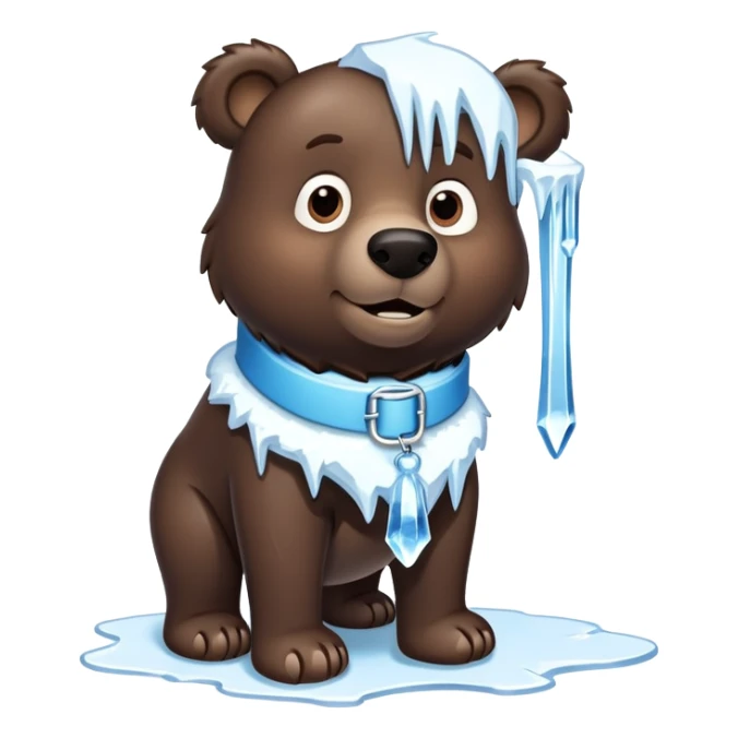 Realistic dark brown bear on four legs with a frozen ice collar that has icicles protruding downward, shaped like a large dog collar but made of crystal clear ice sticker