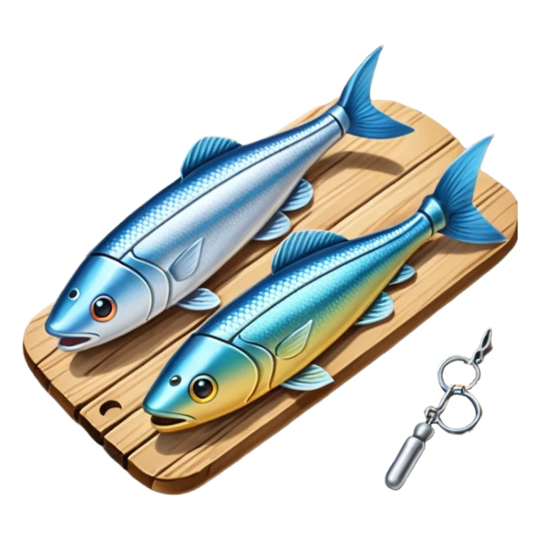 A metal lure set arranged on a wooden plank sticker