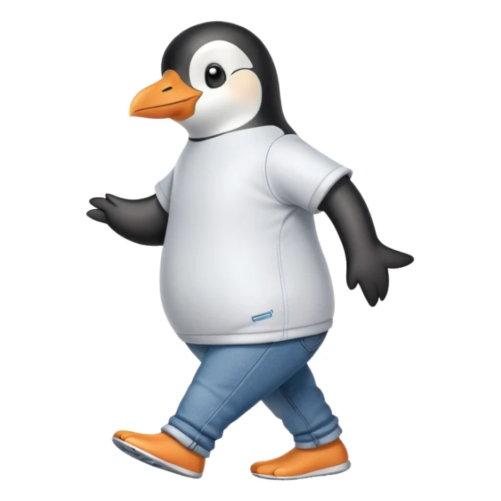 friendly anthropomorphised penguin in jeans and a t-shirt jogging upright standard pose no sunglasses sticker