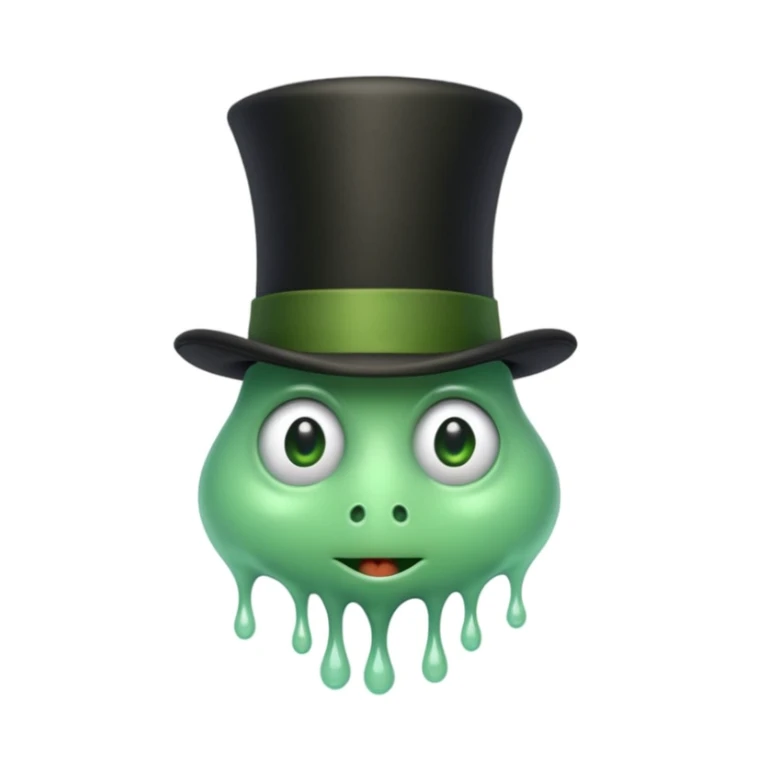 A whimsical, cartoonish 'goop' creature wearing a Victorian gentleman's black top hat, melting slightly over the brim, with expressive eyes peeking out. sticker