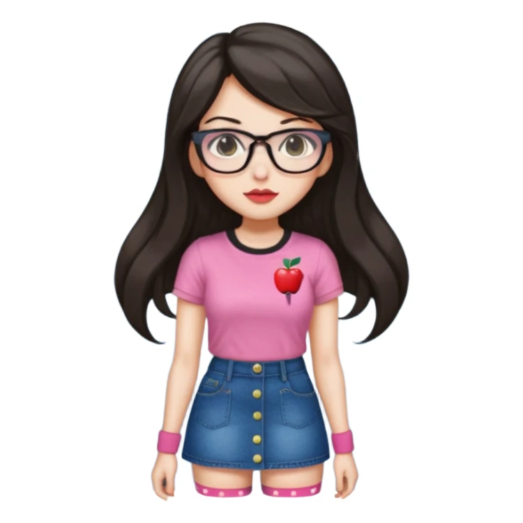 Light skin but a little white , monolid eyes,  dark brown long (not too long but not too short) hair, a button nose, fuller lips, blush (Light) PiNk liptint not too pink, wearing  bayonetta glasses (red) a apple T-shirt, dotted socks, a denim skirt sticker