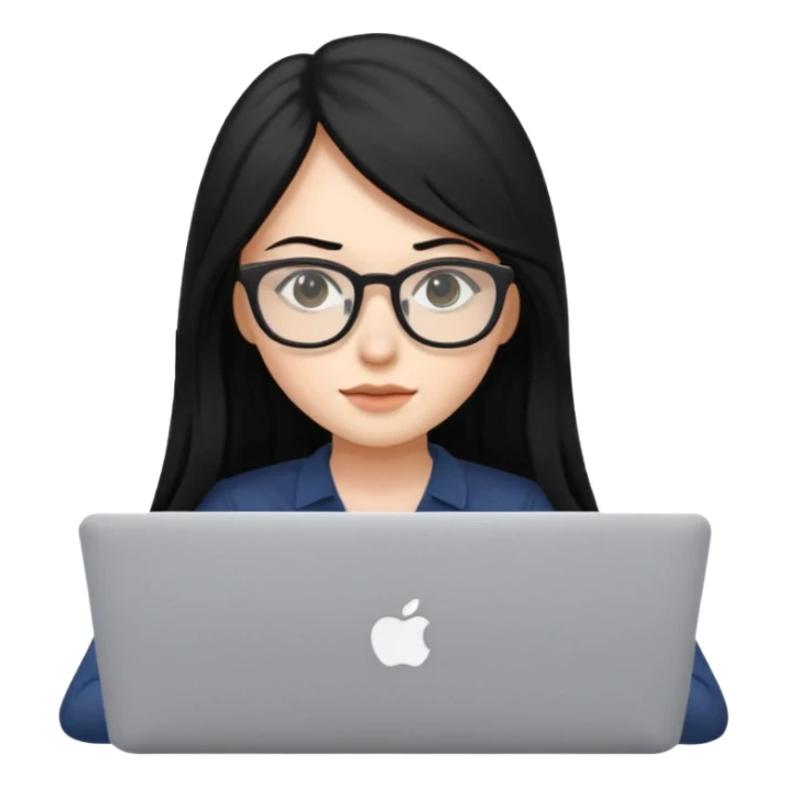 female student with black long hair working on a macbook laptop. sticker